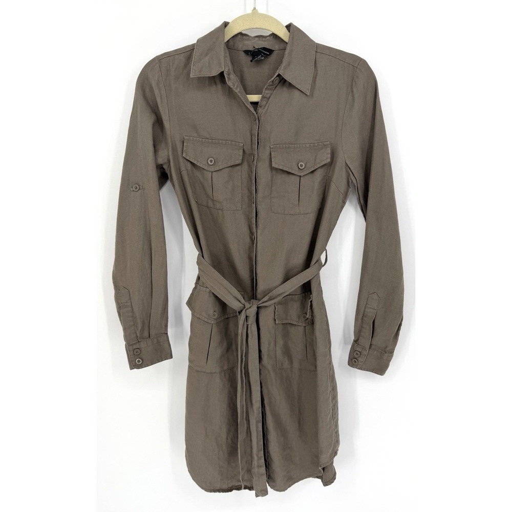 Women's Brown Linen Shirt Dress Belted Full Button Front Size 2 Utility Academia